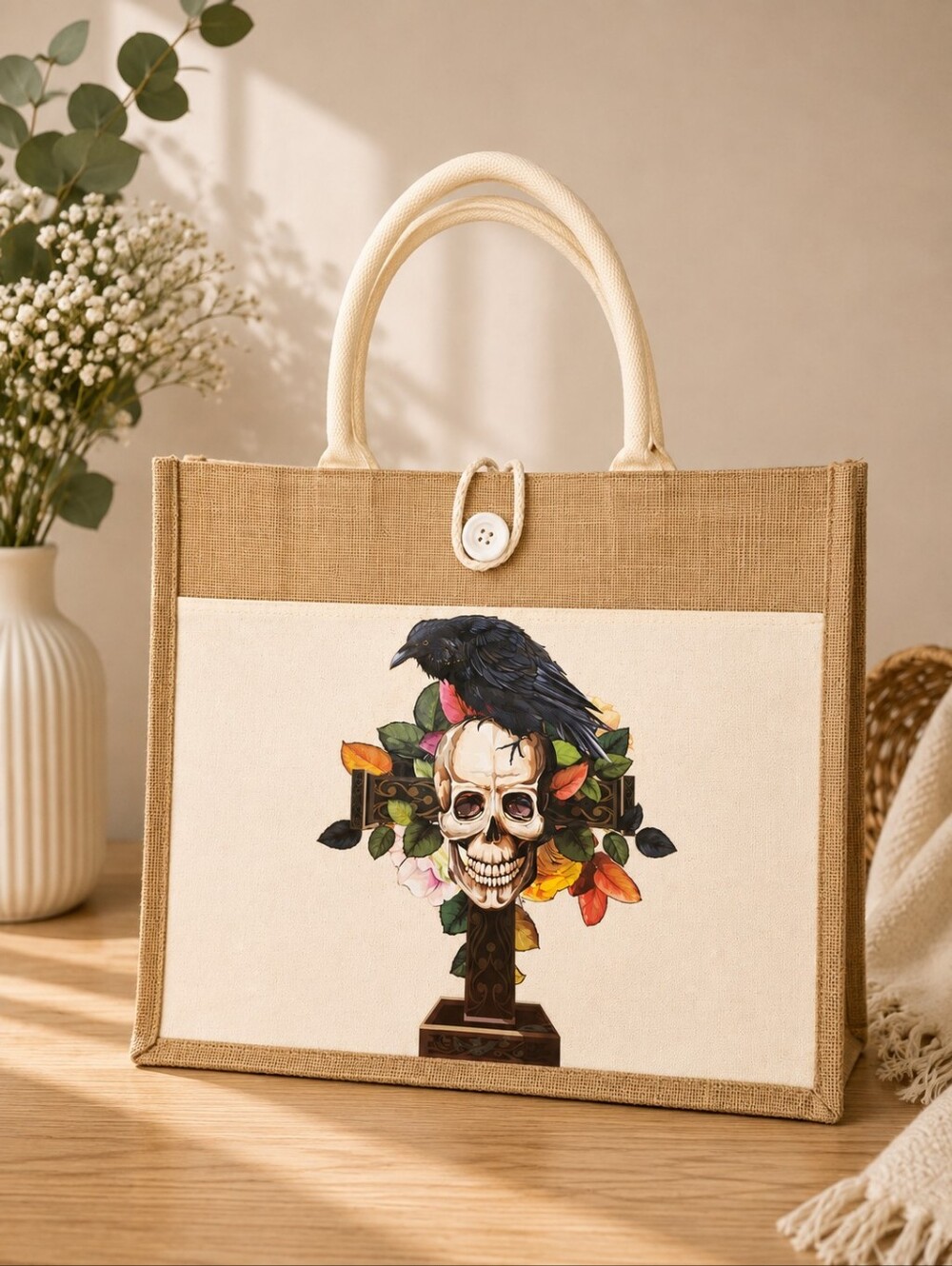 Gothic Skull & Raven Floral Jute Tote Bag